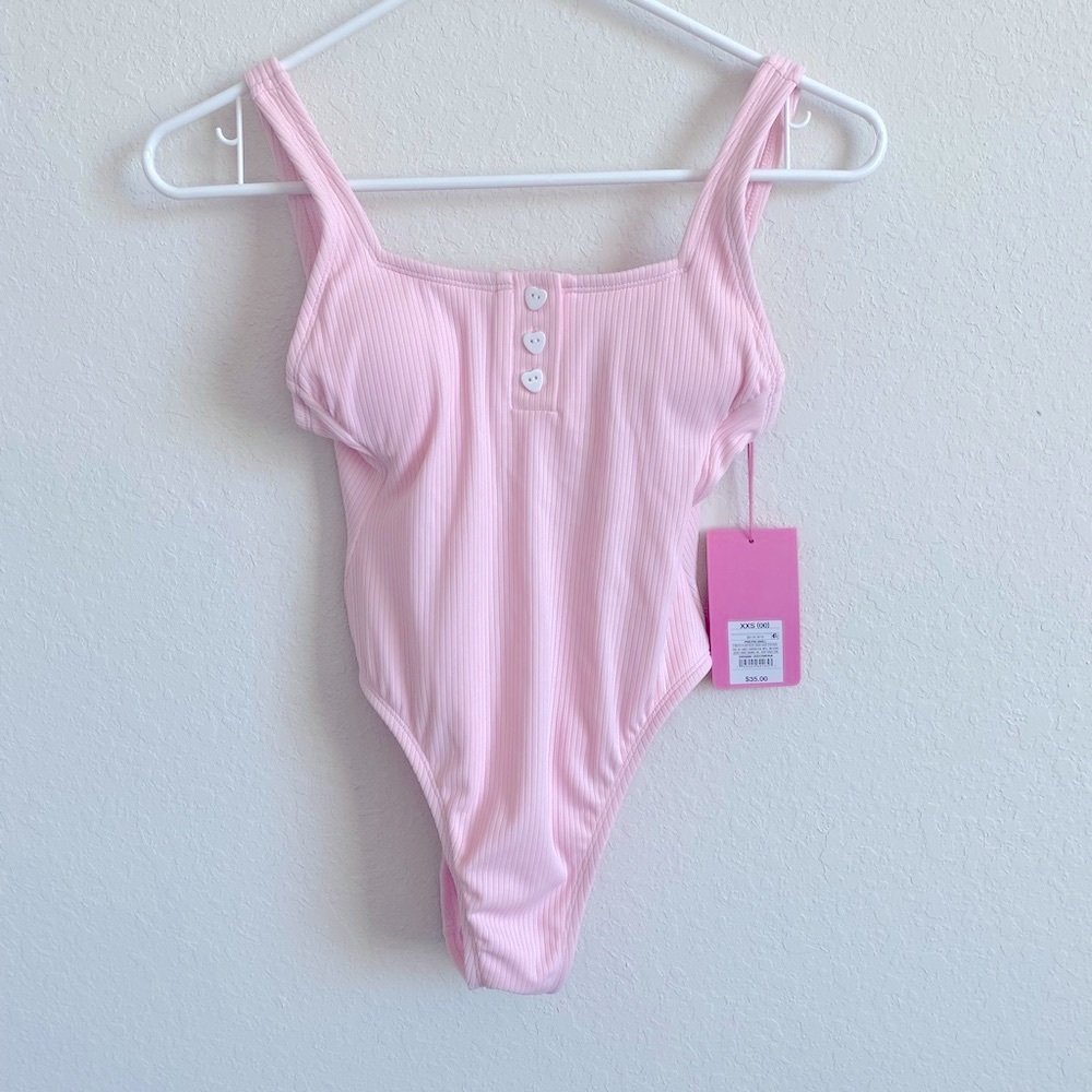 Stoney Clover Pink Ribbed One-Piece Cheeky High Bathing Suit.  Sz XXS (00) NWT